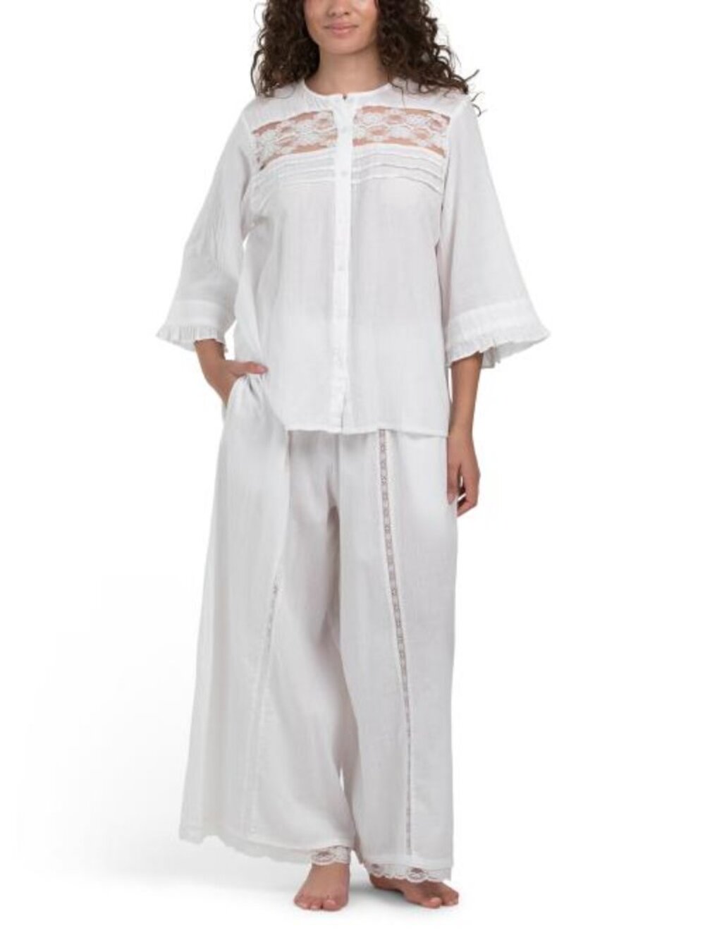SAATVIK 2pc Cotton Gauze Boho Wide Leg Lounge Set With Lace Details
